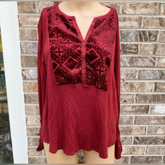 Red/Burgundy Velvet Lucky Brand Long Sleeve Blouse - Picture 4 of 12